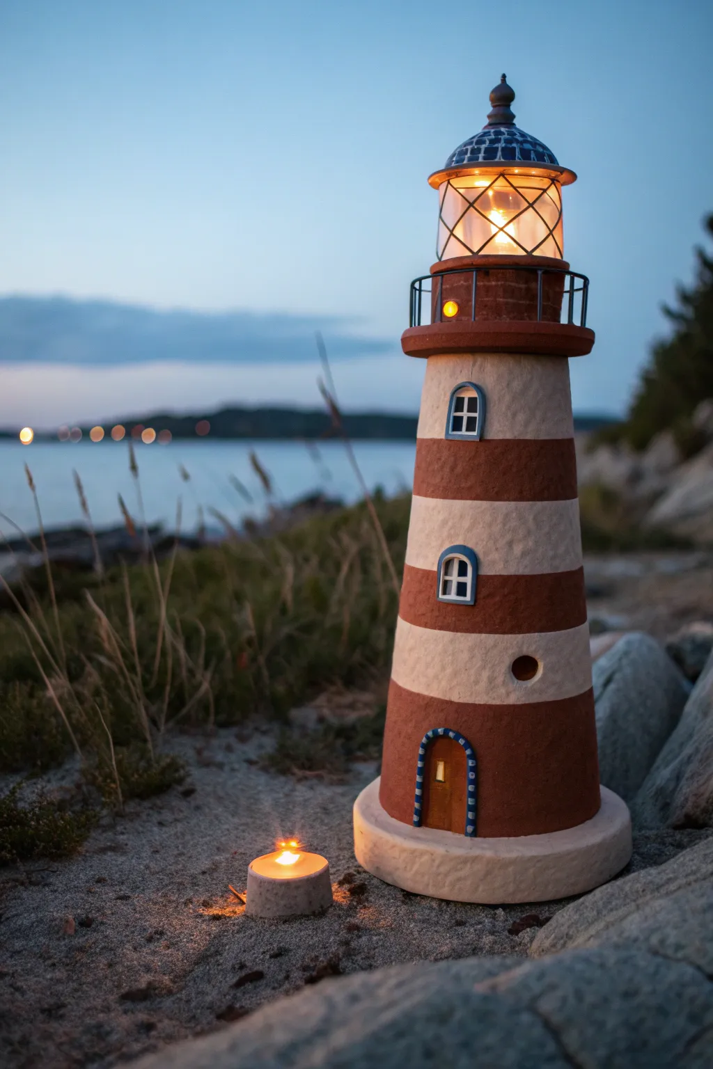 Handmade clay lighthouse with a solar beacon glow, minimalist dusk shot with cozy boho charm.
