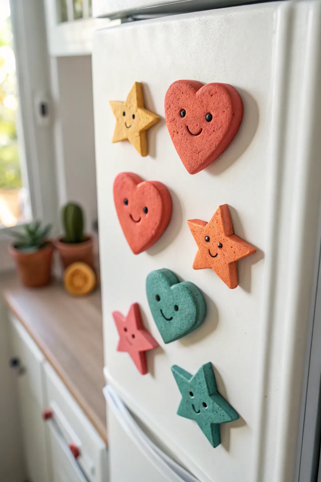 Cute kawaii clay face magnets in bold boho colors, minimalist Scandinavian charm for any fridge.