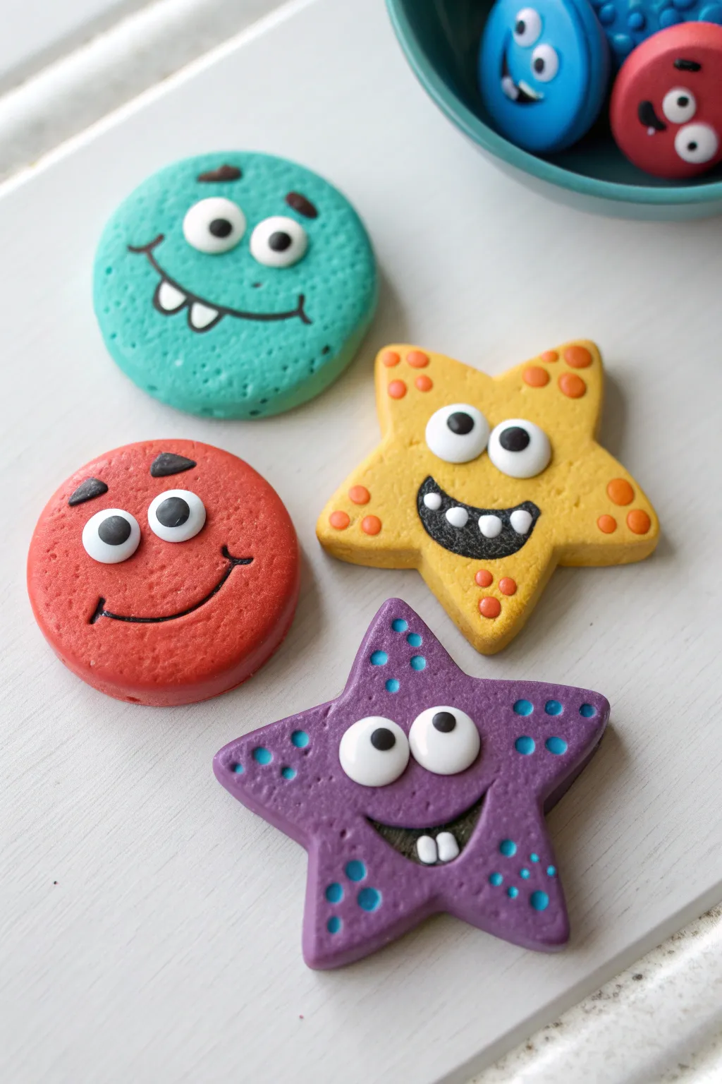 Bright clay monster magnets with big eyes and goofy grins, a fun kid-friendly craft idea