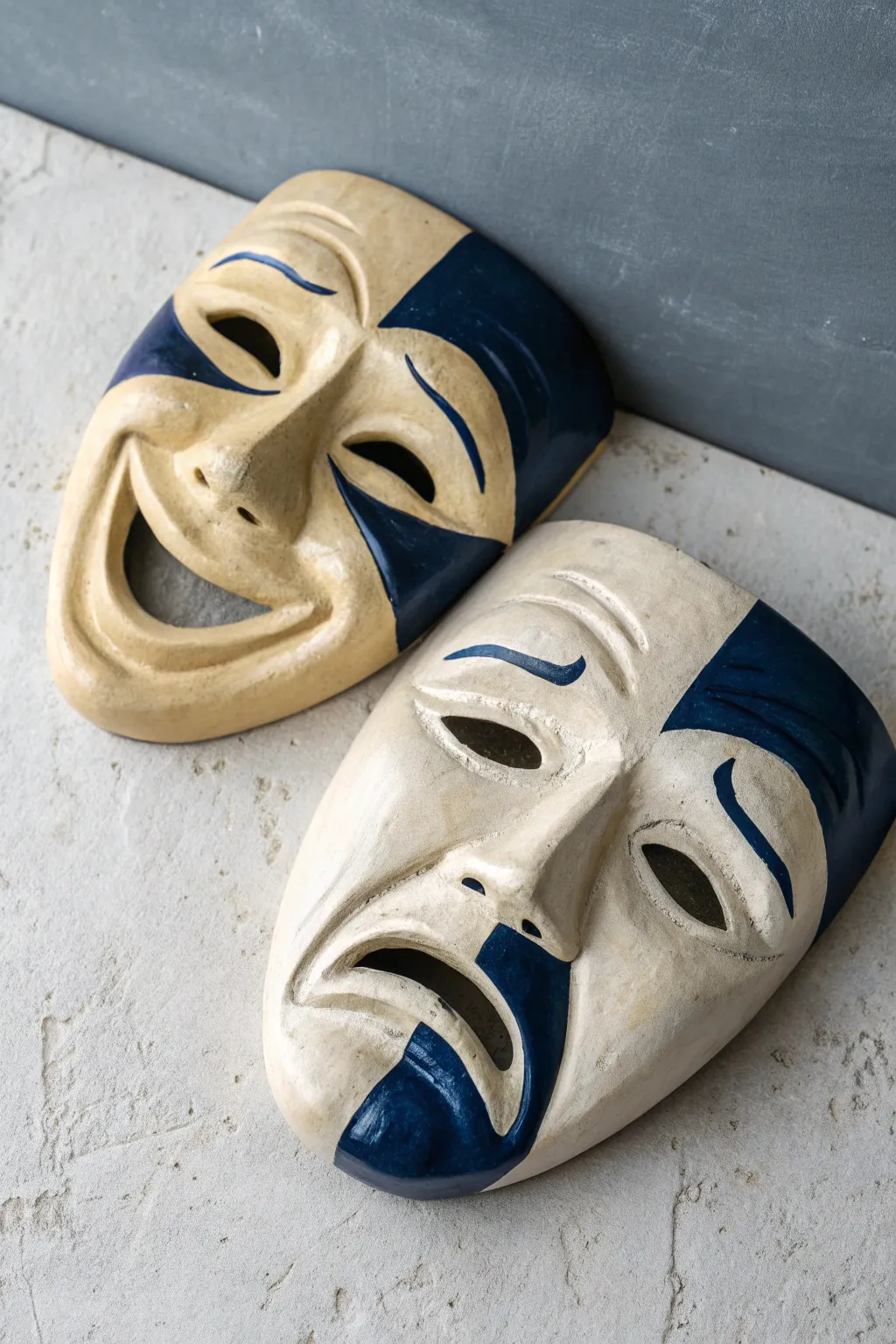 Smiling and frowning clay masks in bold two-tone finish, a minimalist duo with boho charm.