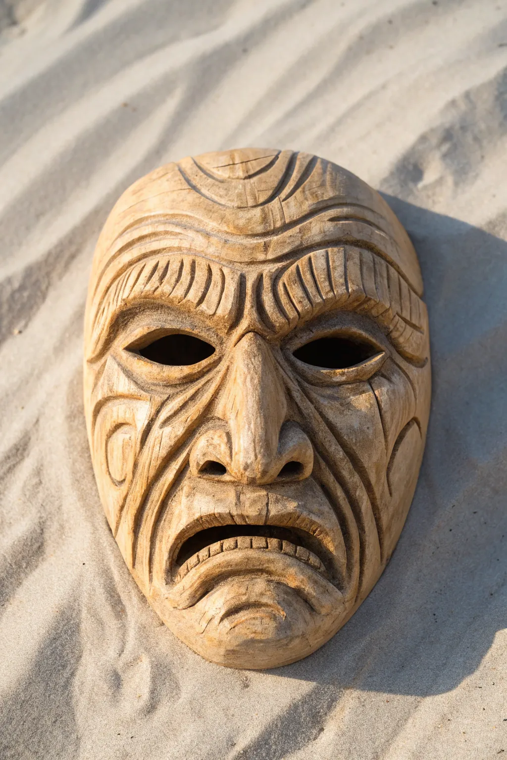 Angry furrowed brow clay mask with carved wrinkles and moody wash, bold yet minimalist.