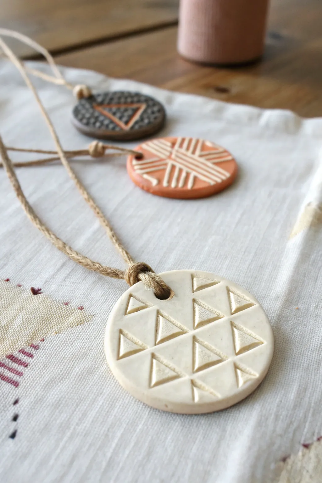 Matte geometric grid clay medallion in modern cream with boho cord, simple, bold, and DIY-ready