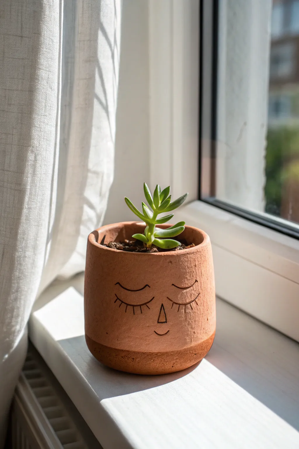 Minimal face air-dry clay planter with a tiny succulent, sunlit Scandinavian-boho charm