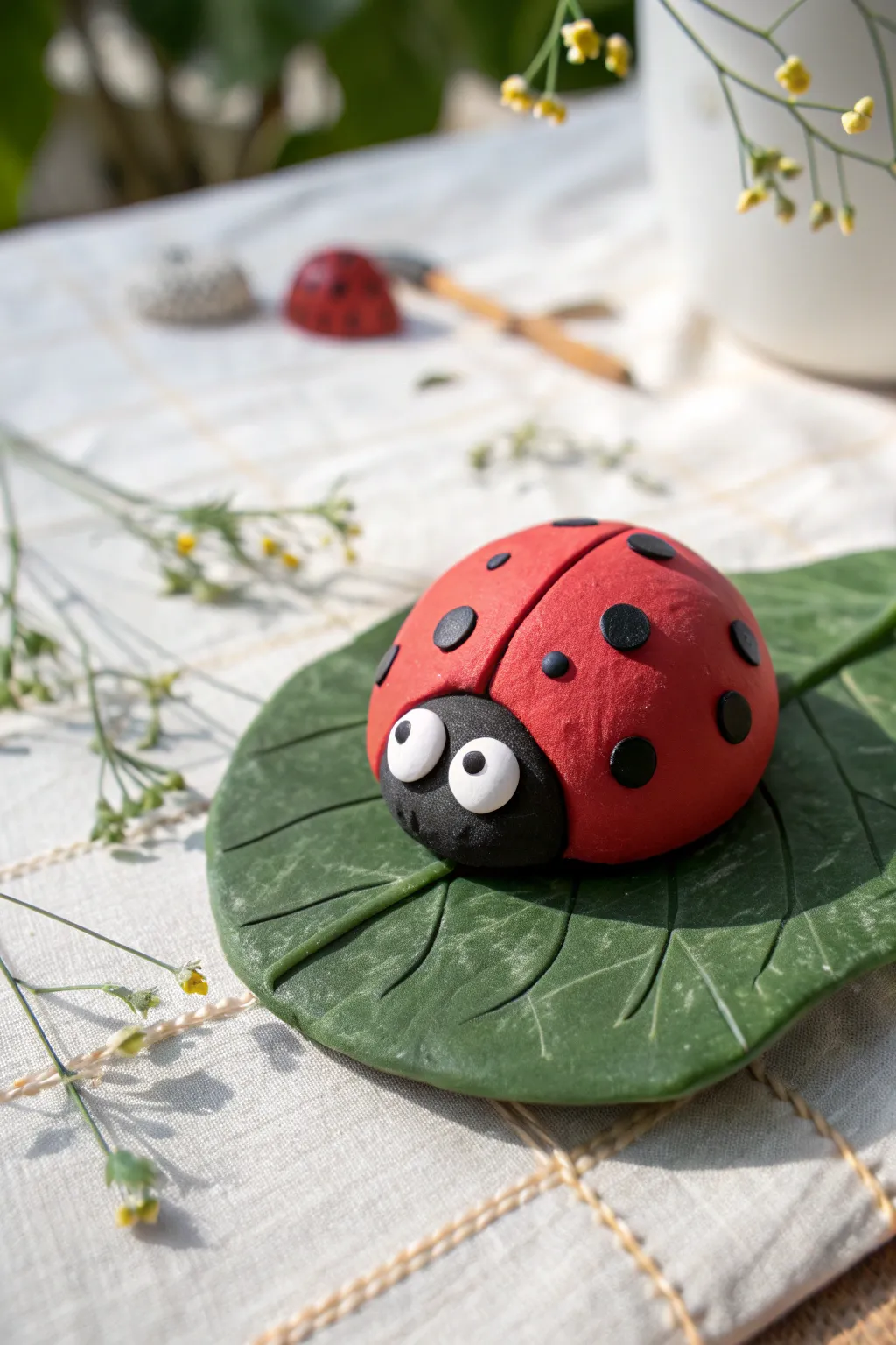 Cute clay ladybug on a leafy base, a simple kindergarten craft with bold color contrast.