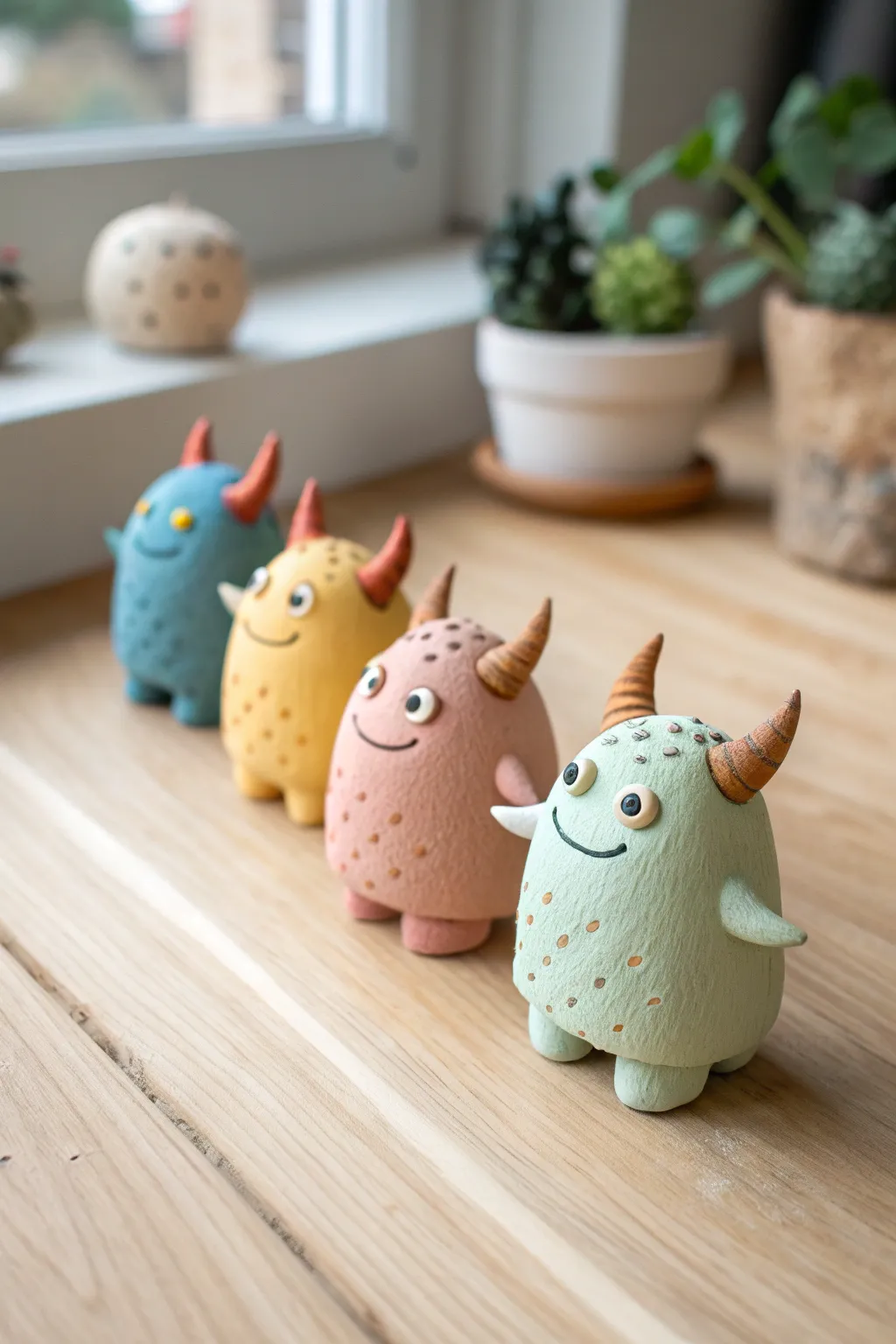 Tiny horned clay monsters in soft hues and bold cobalt, minimalist and playful on natural wood.
