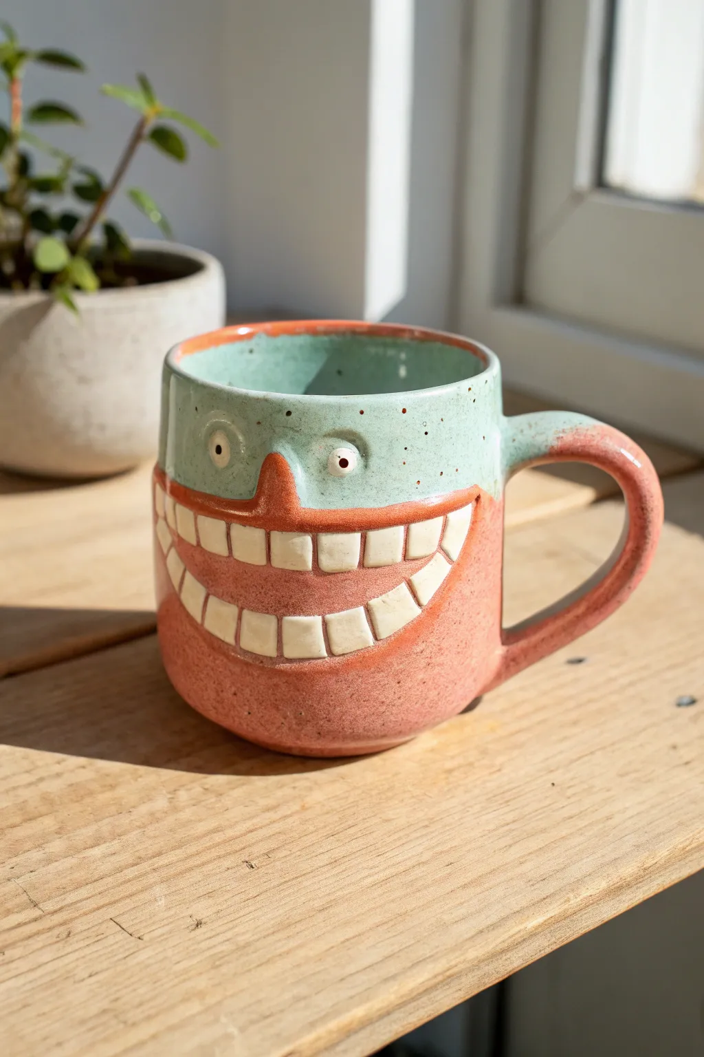 Cheerful monster mug with big lips and blocky teeth, pastel glaze, bold Scandinavian contrast.