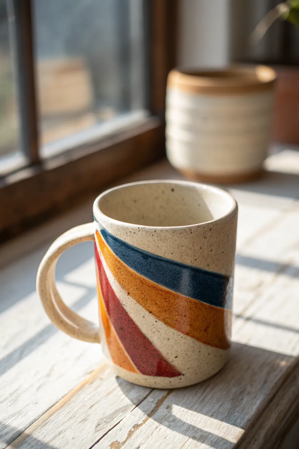 Modern clay mug with bold brushstroke bands in 3 colors, minimalist yet striking and handmade