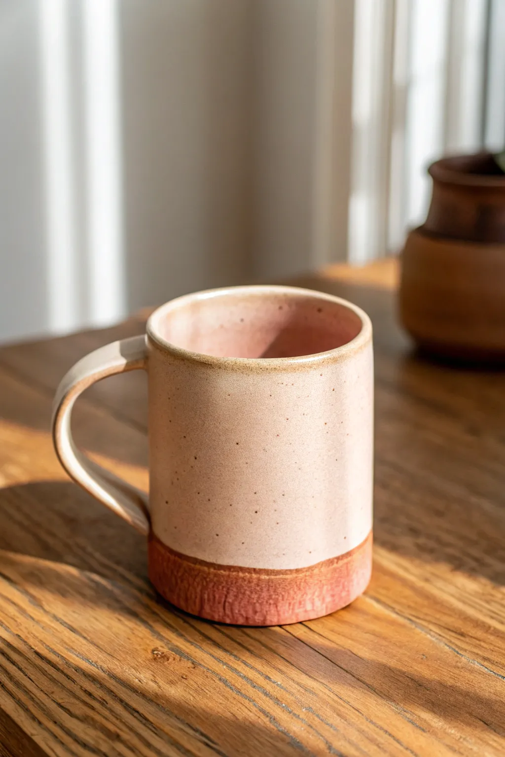 Easy slab-wrapped cylinder mug with rustic seam and strap handle, styled minimal on warm wood.