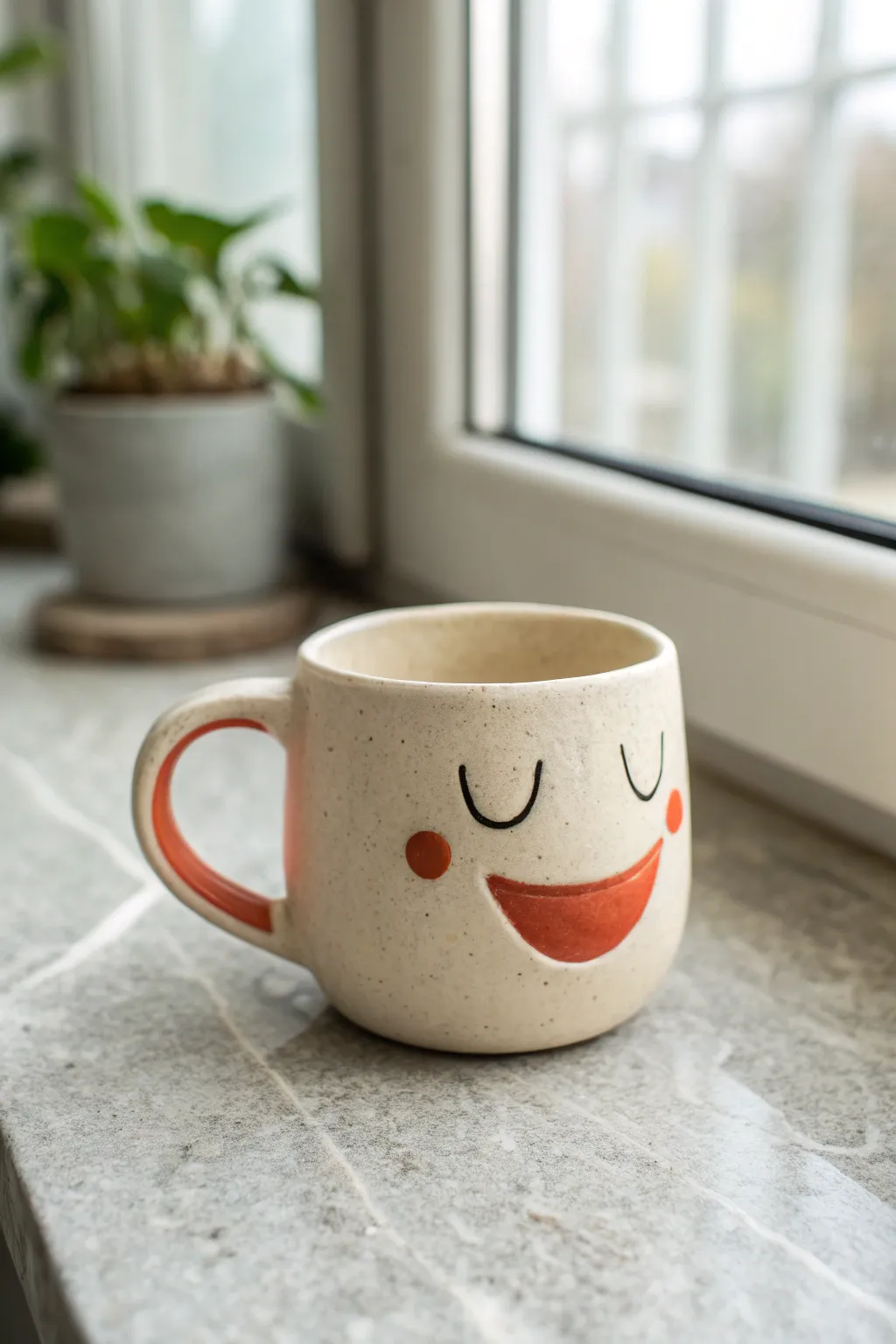 Handmade laughing face mug with squinty eyes and a bold glossy mouth glaze for playful contrast