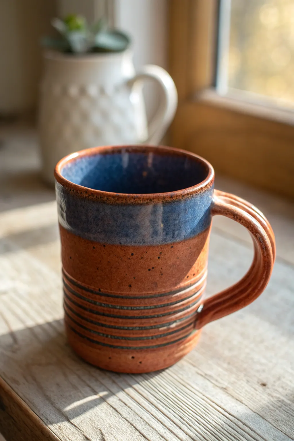 Soft coil-built handle with gentle taper, cozy handmade mug texture in bold minimalist style