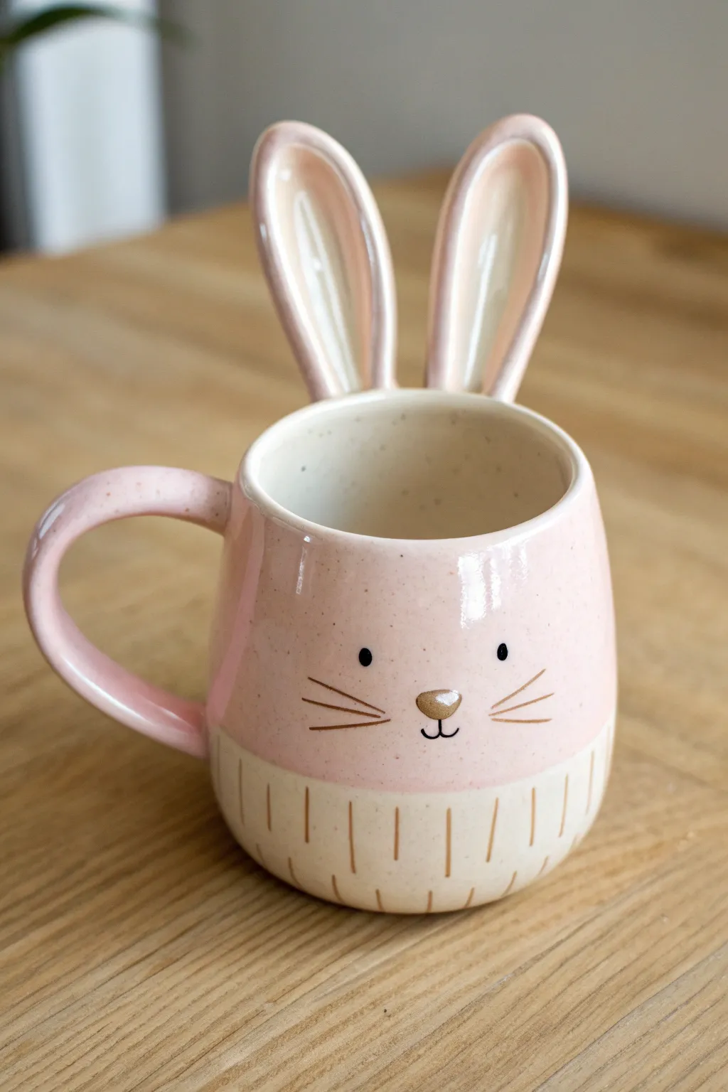 Pastel bunny mug with long ear rim, glossy and minimal, a sweet handmade gift idea.