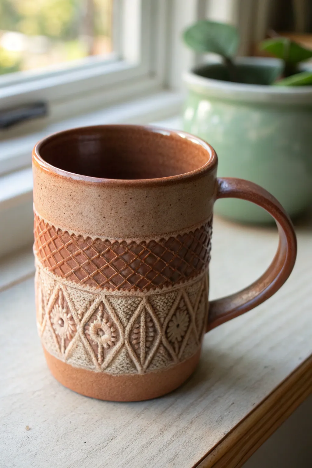 Matte-glazed mug with fabric-like stamped band for a bold, minimalist clay mug idea