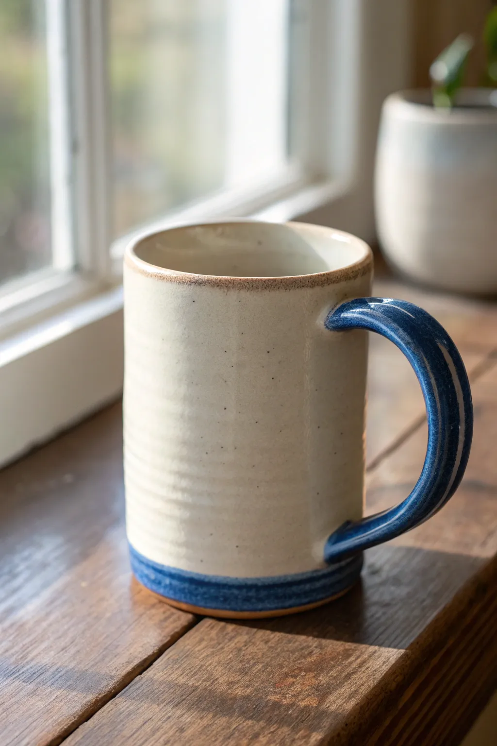 Simple cylinder mug with an easy strap handle, clean lines and a bold pop of color.