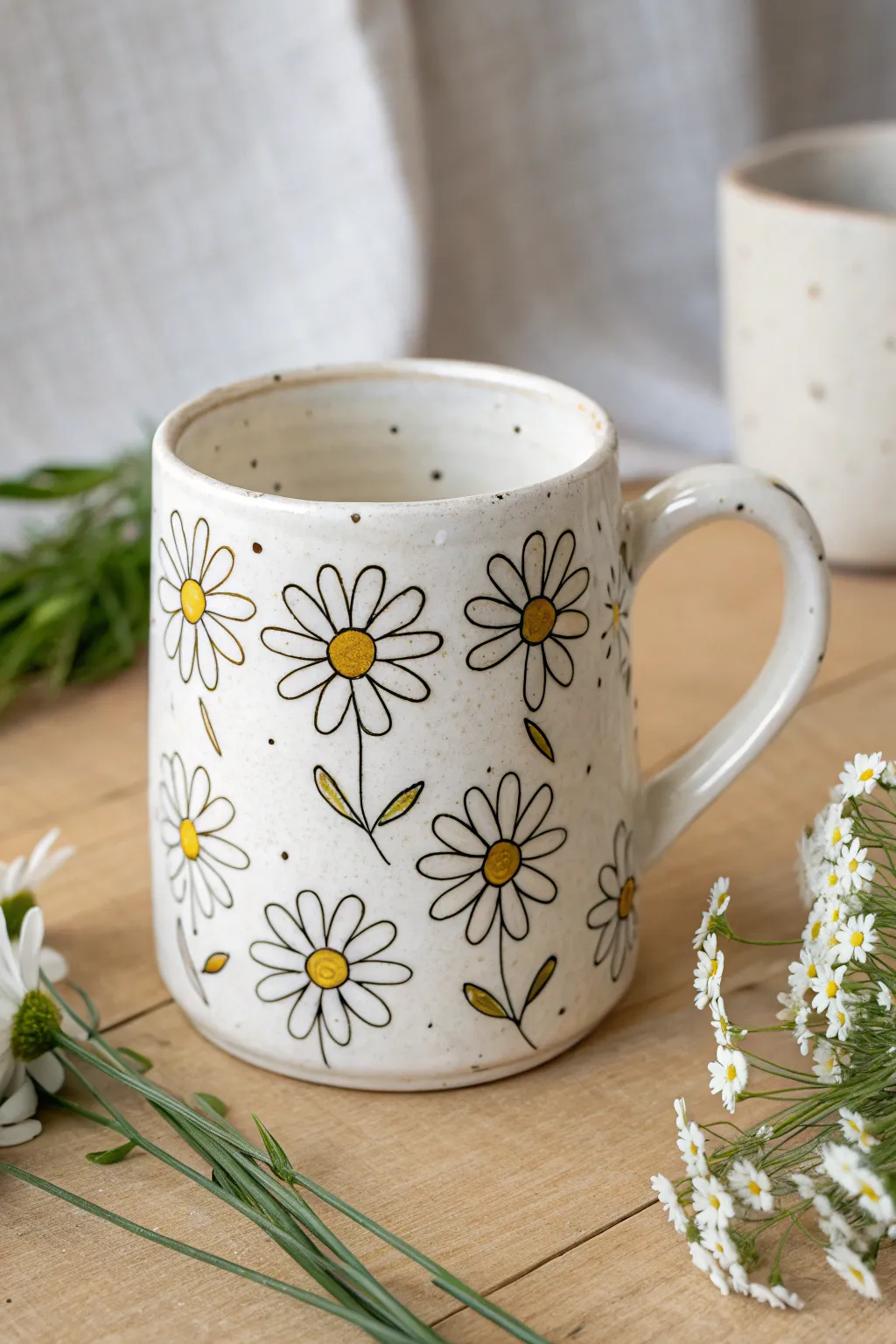 Paint tiny daisies around a mug for an easy beginner design with fresh boho Scandinavian charm