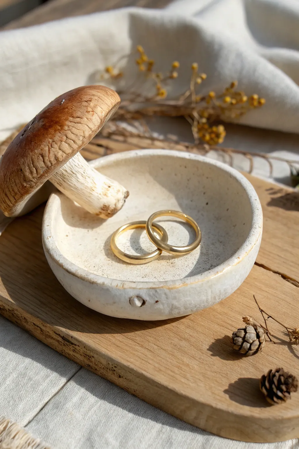 Mushroom cap ring dish with carved gills, minimalist boho style, perfect for daily jewelry.