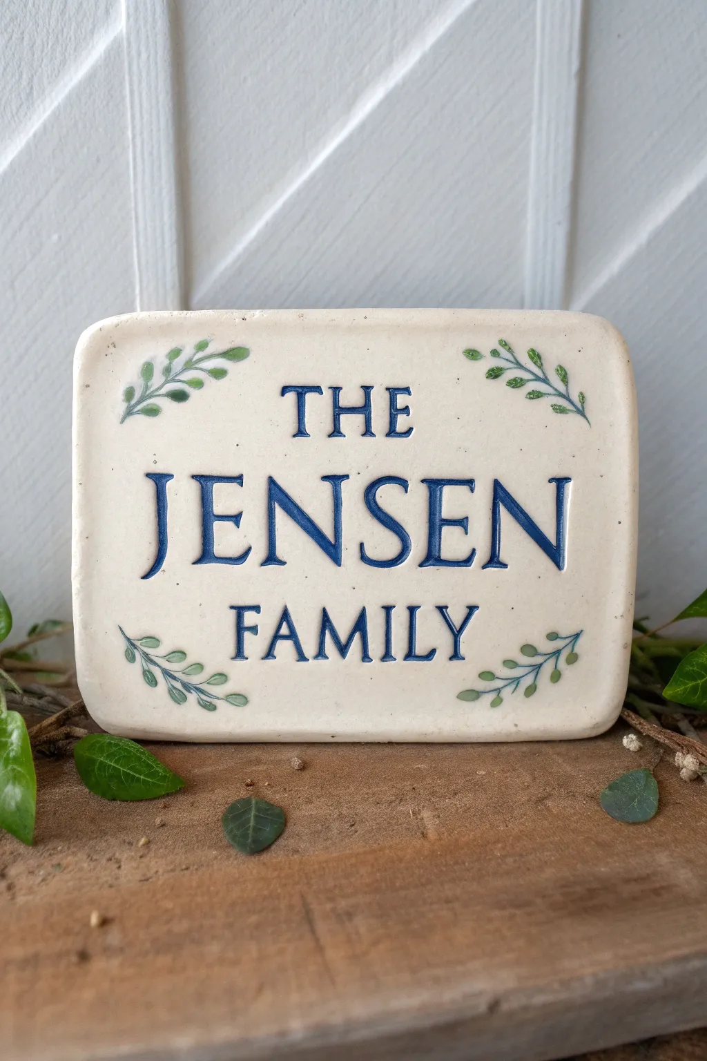 Minimal surname plaque with bold contrast lettering and subtle corner greenery for a calm family layout