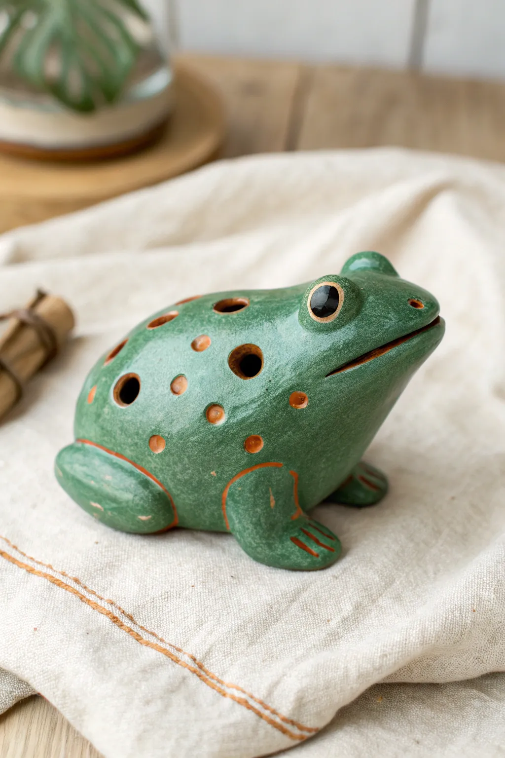 Playful frog belly ocarina with spot holes, a bold green pop on a calm Nordic backdrop.
