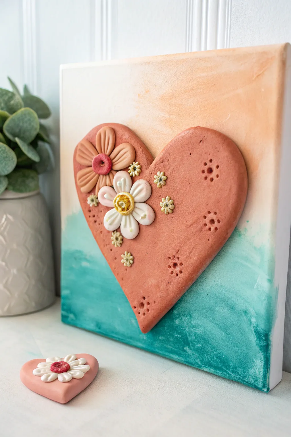 Raised clay heart with tiny florals on soft watercolor canvas, minimalist boho charm.