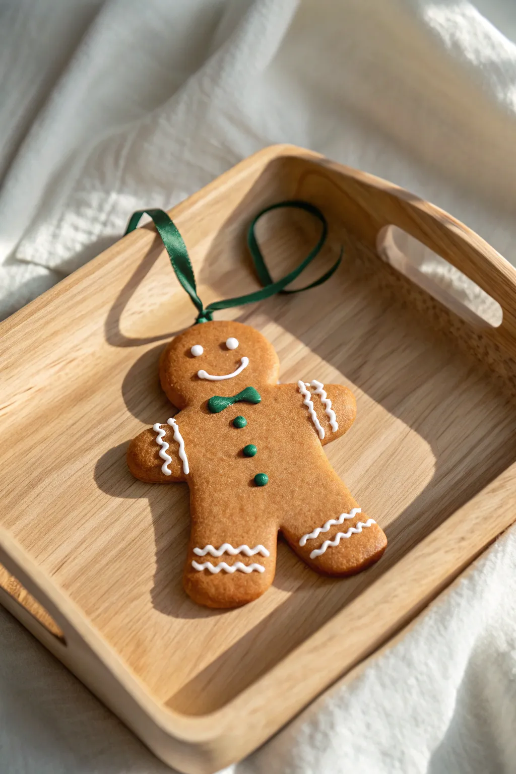 Gingerbread style clay person ornament with simple icing details and emerald ribbon, cozy minimal decor.