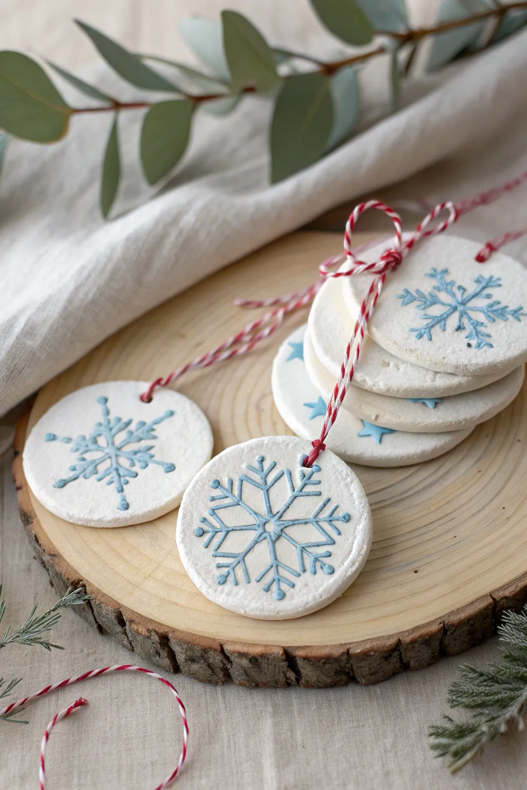 Bold stamped snowflake medallions with a soft paint rub and candy-cane twine, kid-friendly charm.