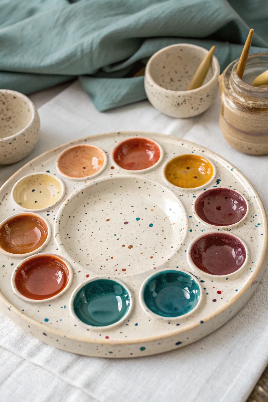 Deep-well clay palette with bold gouache puddles, minimalist Scandinavian style with boho warmth