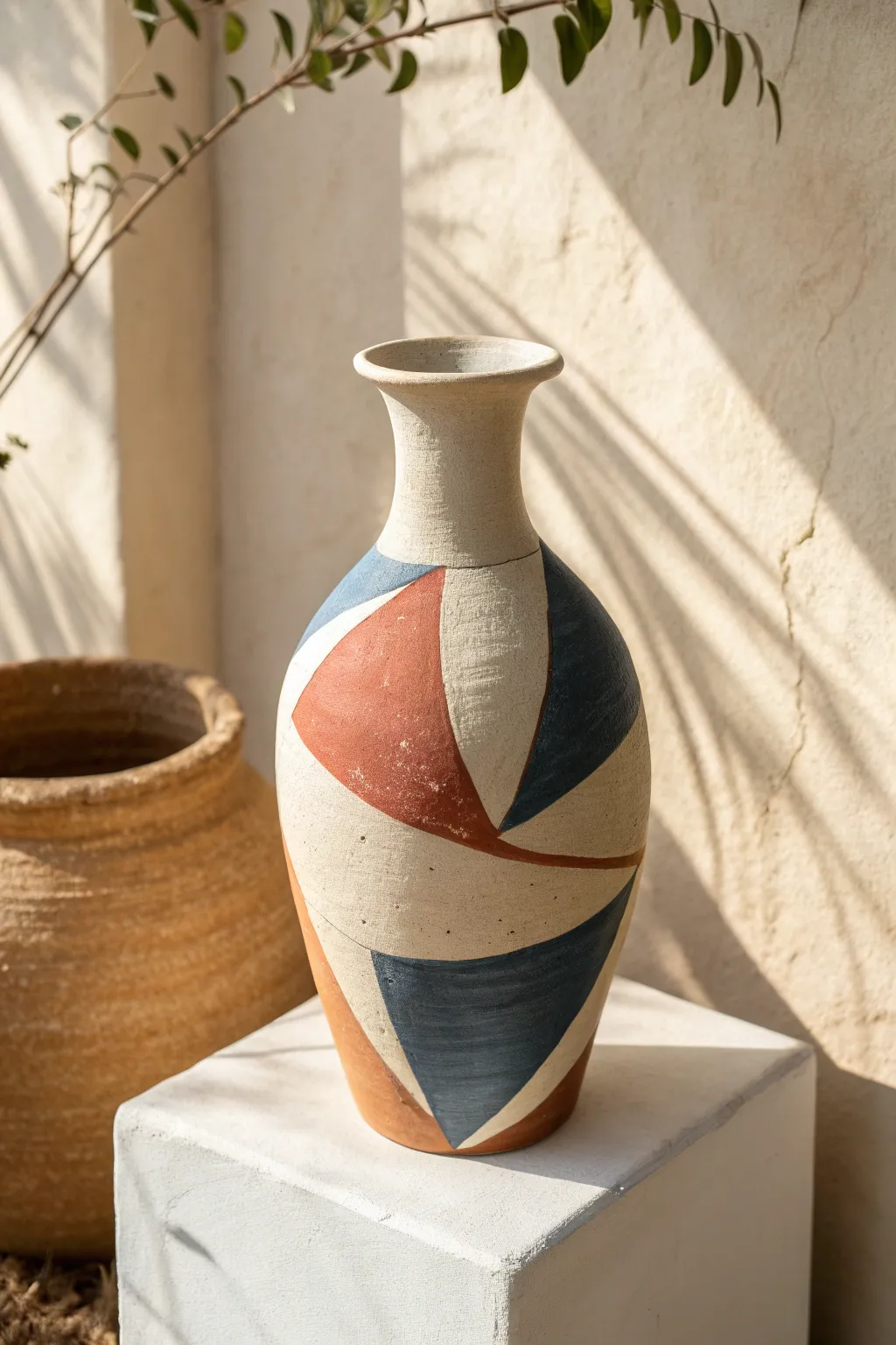 Try modern color blocking: a simple vase with bold angled blocks in cream, terracotta, deep blue.