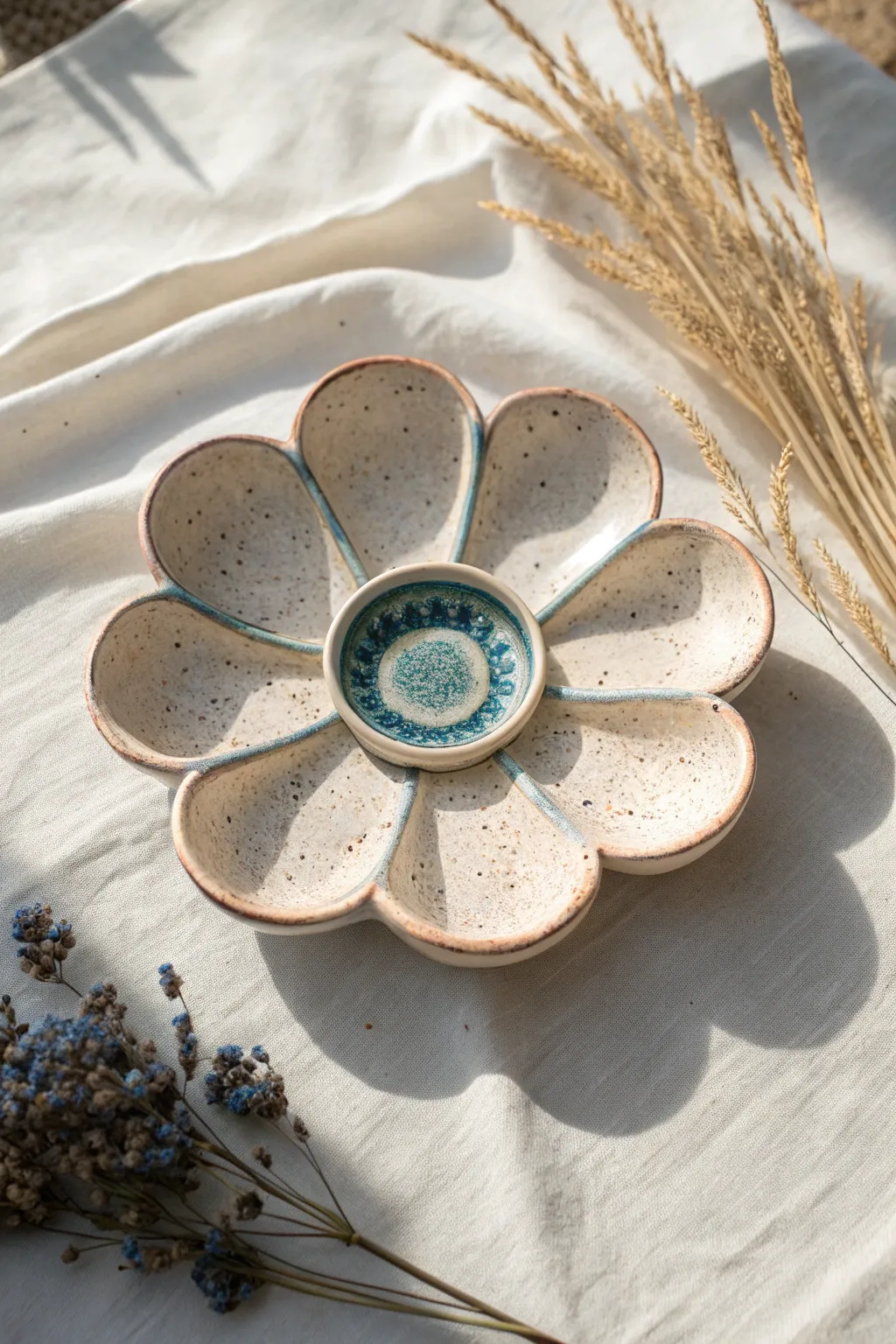 Petal-well clay palette with soft blush glaze and a bold center bowl for dreamy mixing sessions.