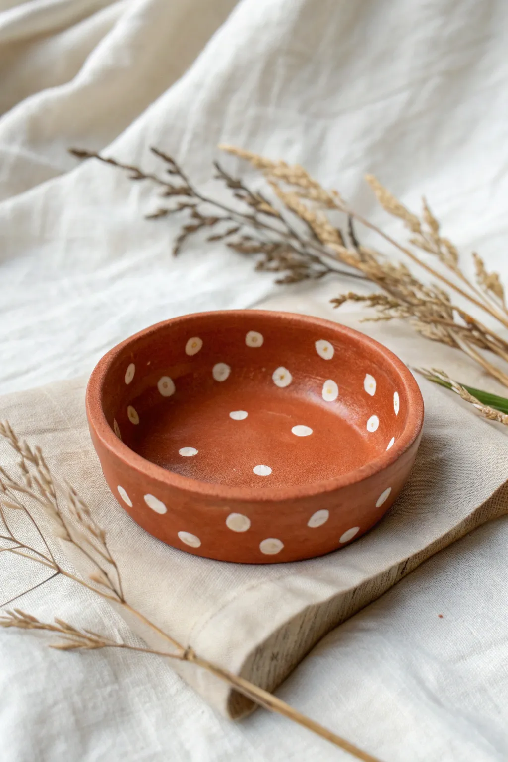 Easy polka dot clay dish with raised and indented dots for playful, modern texture.