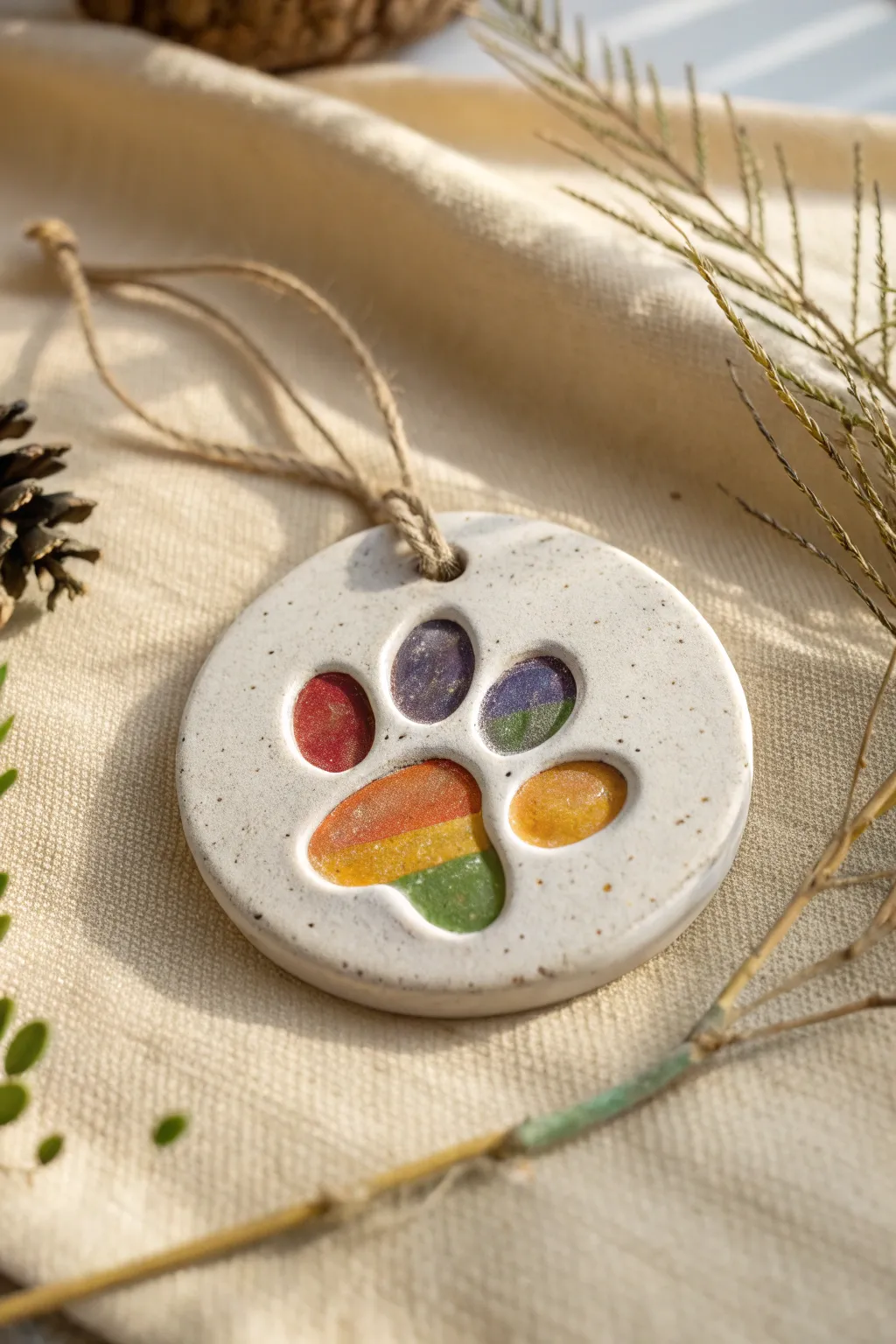 Rainbow toe beans on a simple clay paw print disc, bold color pops on a neutral backdrop.