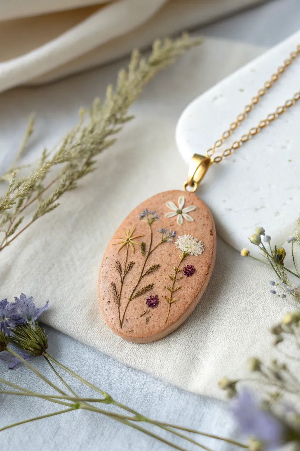 Pressed-flower clay pendant in warm terracotta, minimal chain, airy Scandinavian boho aesthetic.