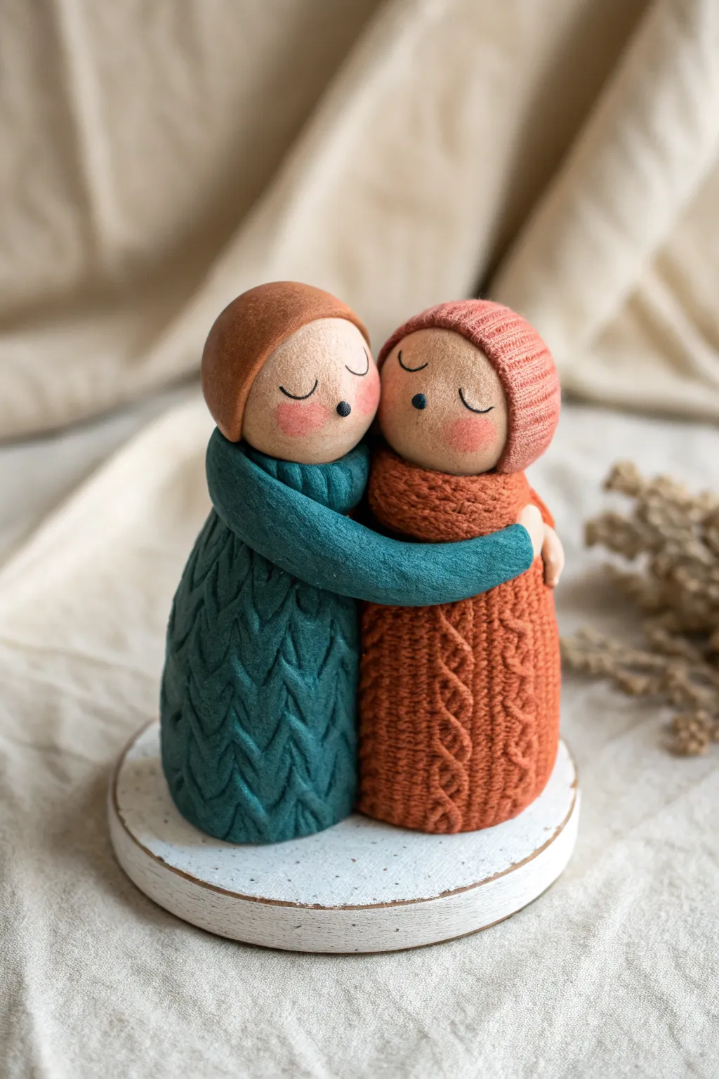Sweet clay couple hug keepsake with cozy sweater texture, minimal faces, bold color contrast