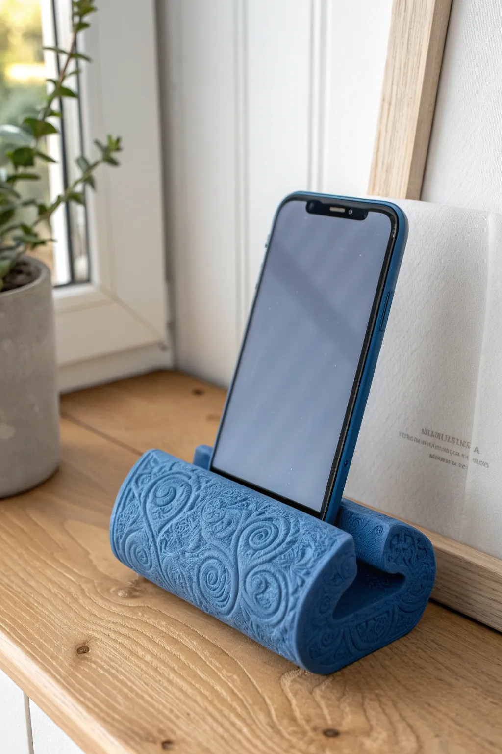 Textured scroll-style clay phone stand in matte cobalt, simple to make and striking on any desk.