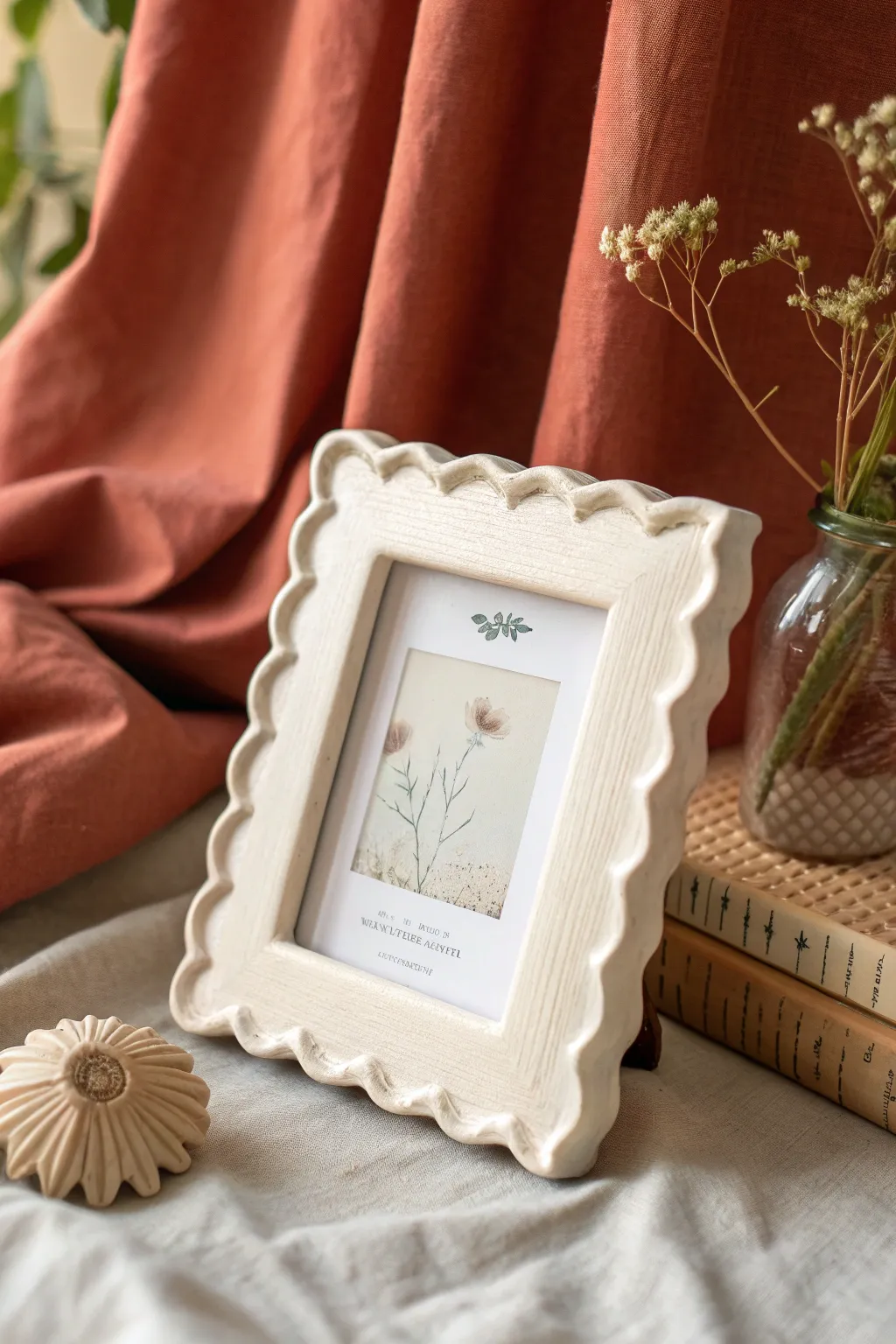 Minimal scalloped clay frame in matte ivory, Scandinavian boho style with bold contrast.