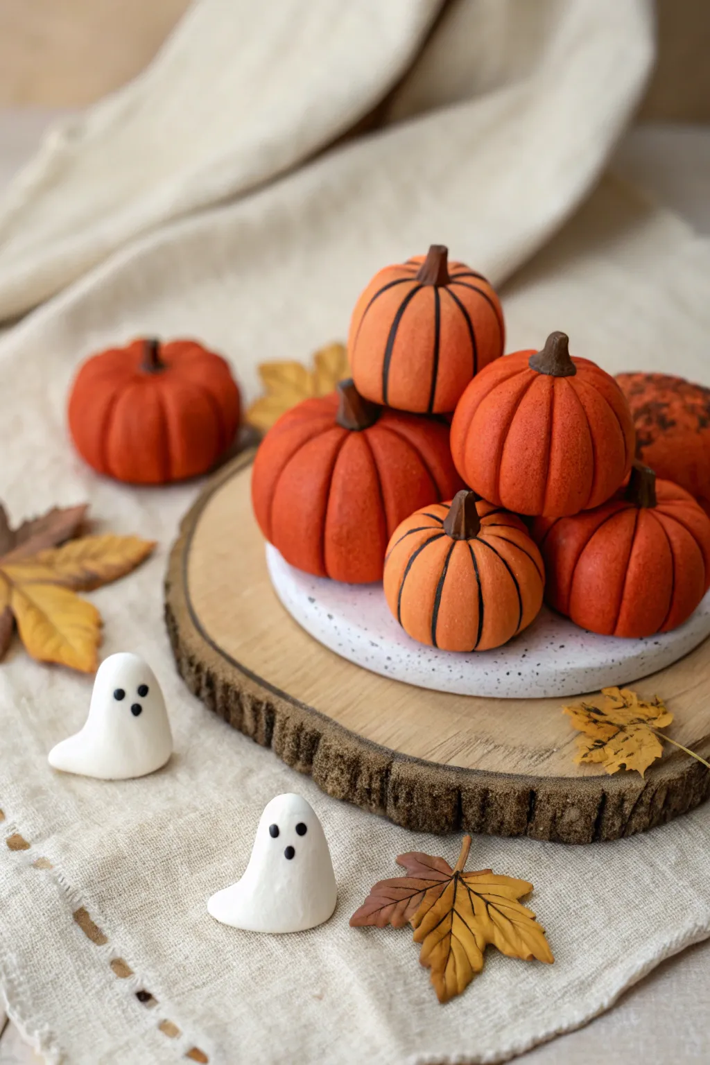 Mini pumpkin patch with tiny clay ghosts, a cozy minimalist fall accent for your clay pictures.