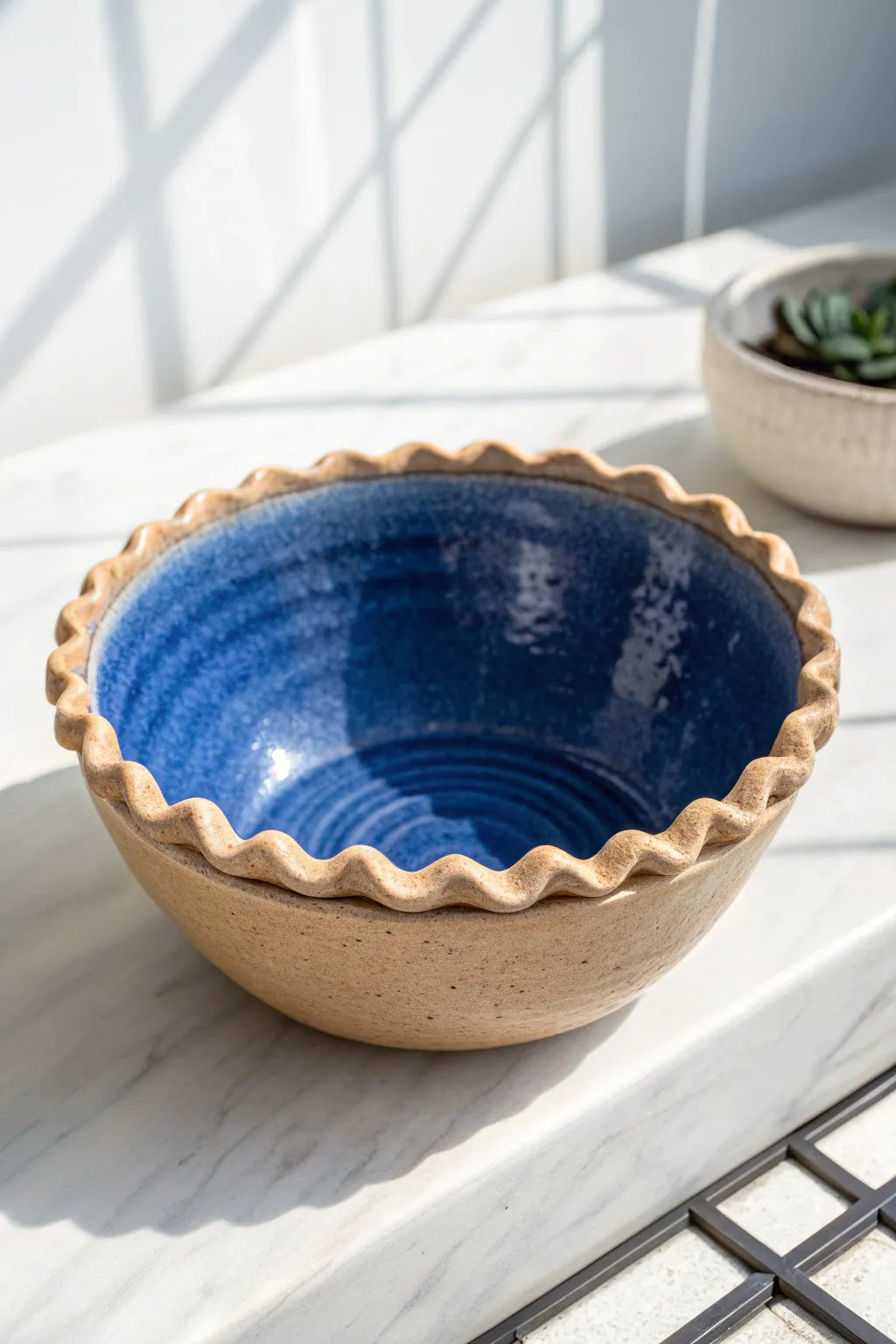 Beginner friendly coil bowl with a softly wavy rim, minimal styling, bold glaze pop.