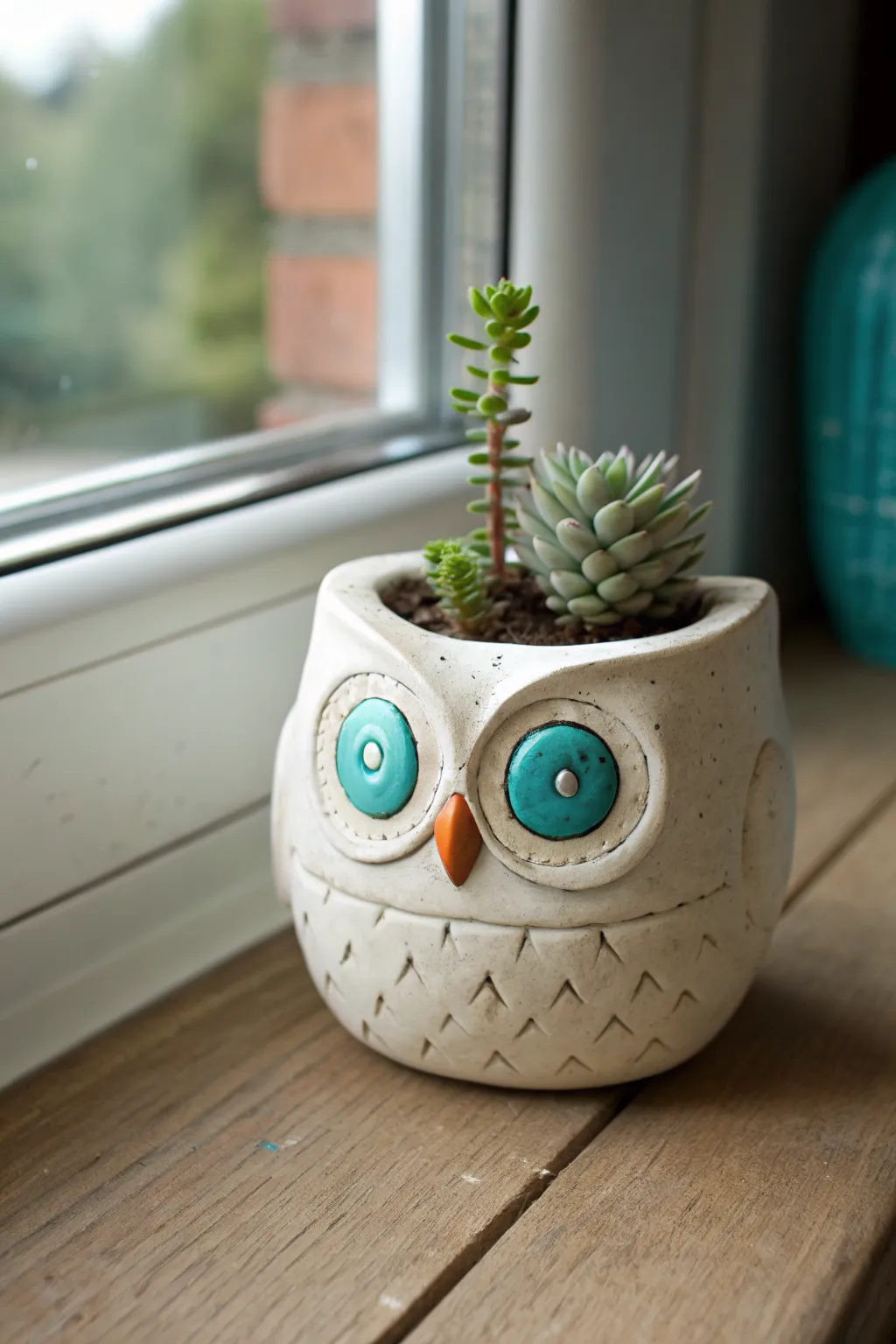 Wide-eyed owl pinch pot planter with a tiny succulent, minimalist handmade charm in bold color.