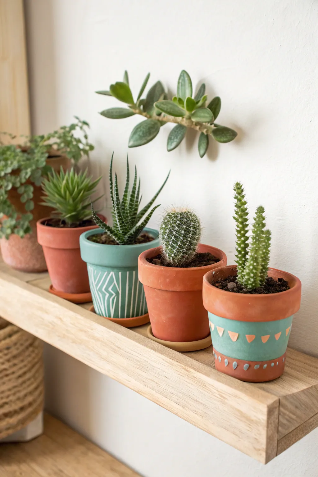 Mix and match mini clay plants for a tiny shelf garden with bold pots and calm Nordic vibes.
