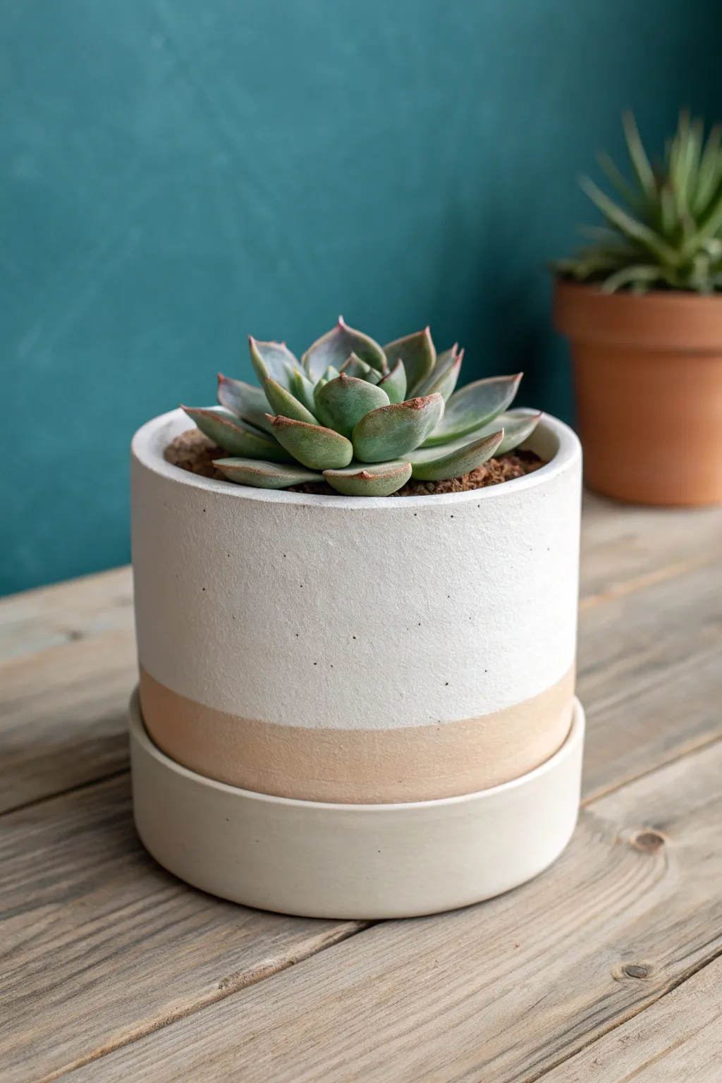 Minimal cylinder planter in sand clay with a crisp rim and a single succulent for calm style