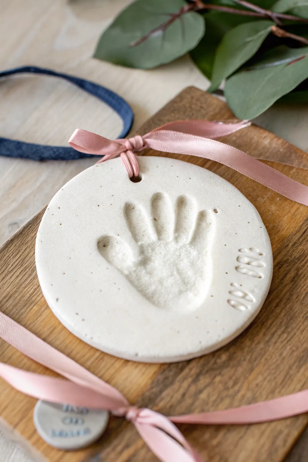 Simple baby handprint plaque in matte ivory clay, hung with a soft ribbon for a timeless keepsake
