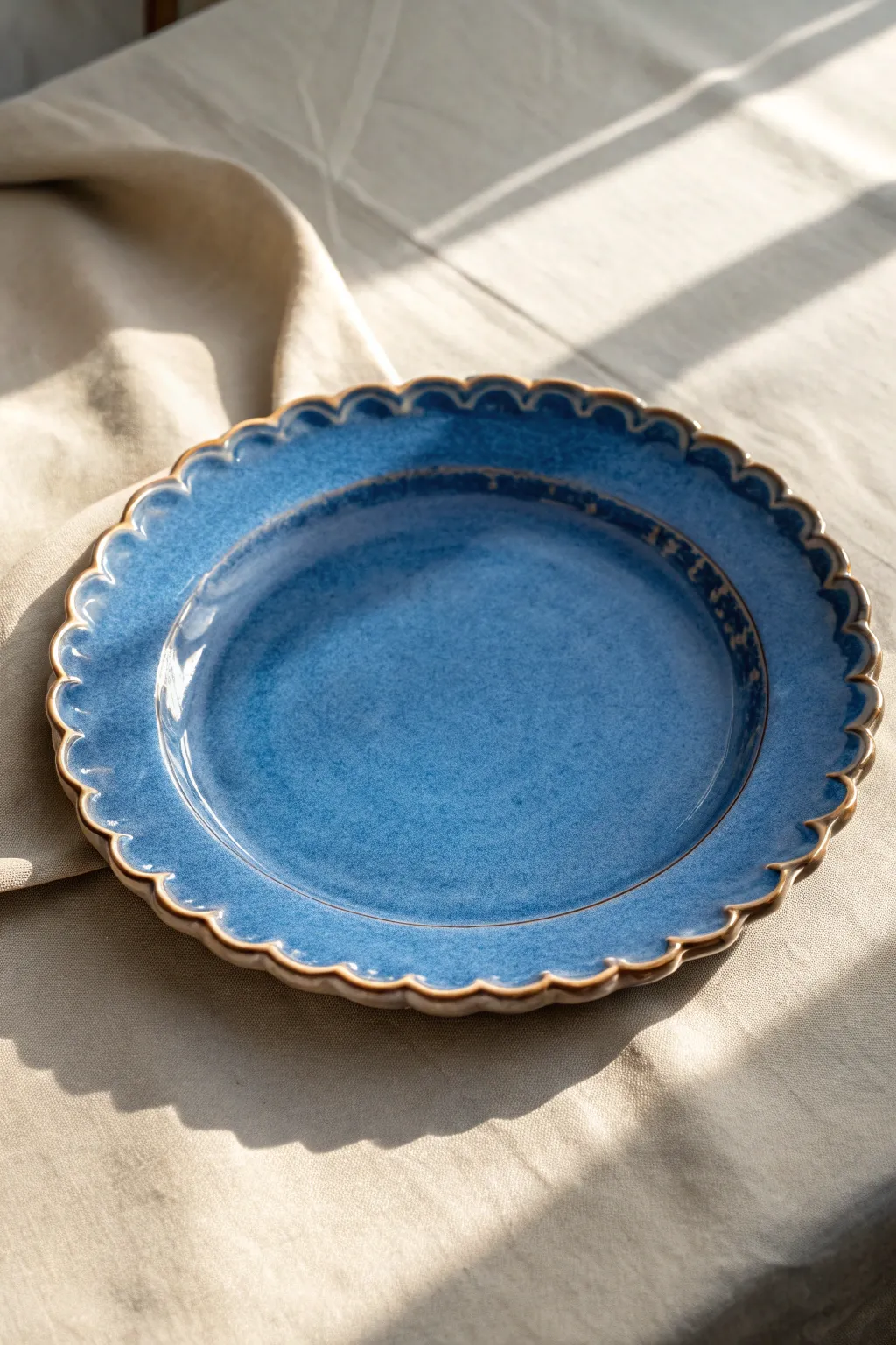 Scalloped rim clay plate in bold glaze, minimalist styling that highlights handmade texture.