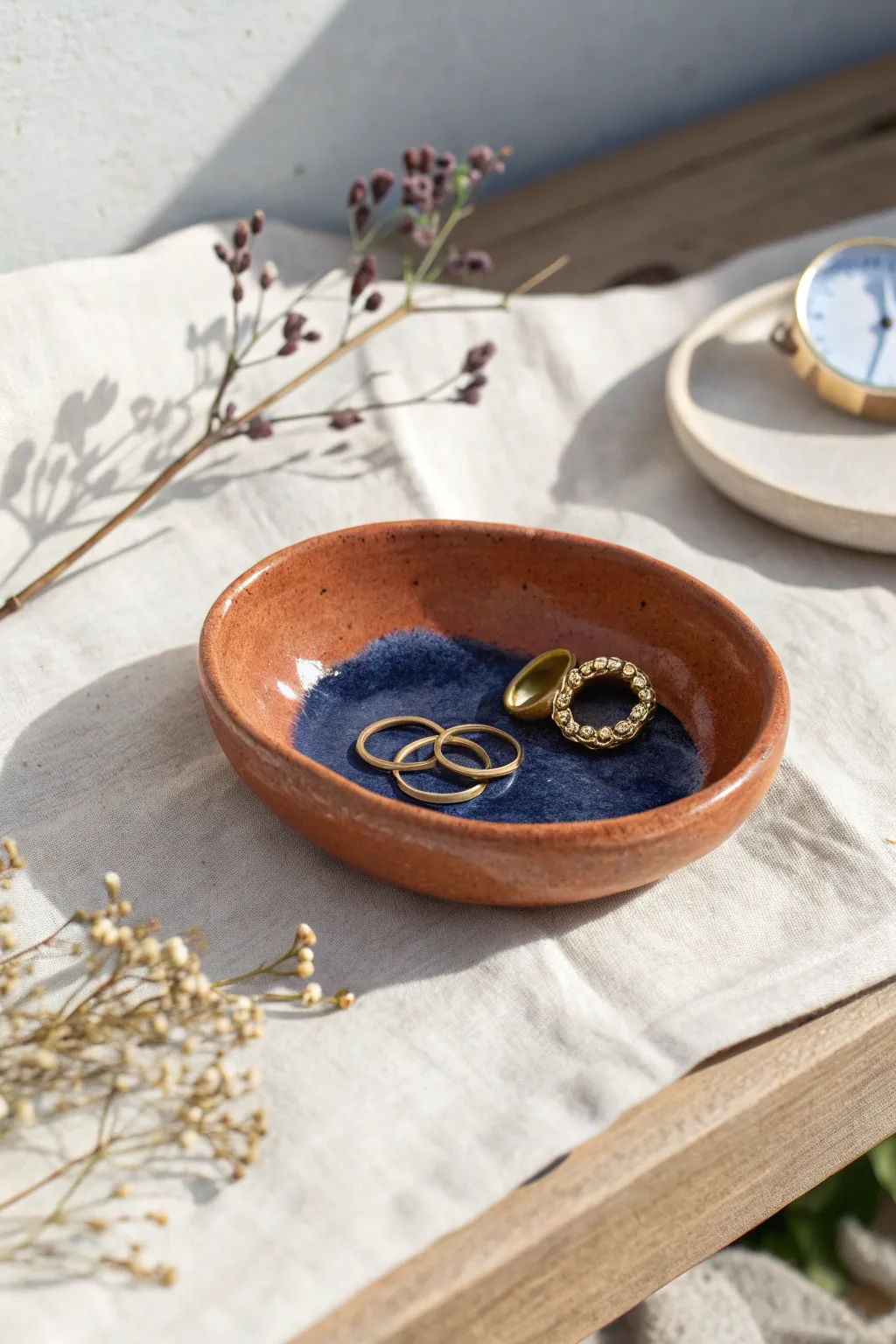 Oval clay ring dish with raised lip, holding rings and a watch in soft Scandinavian light.