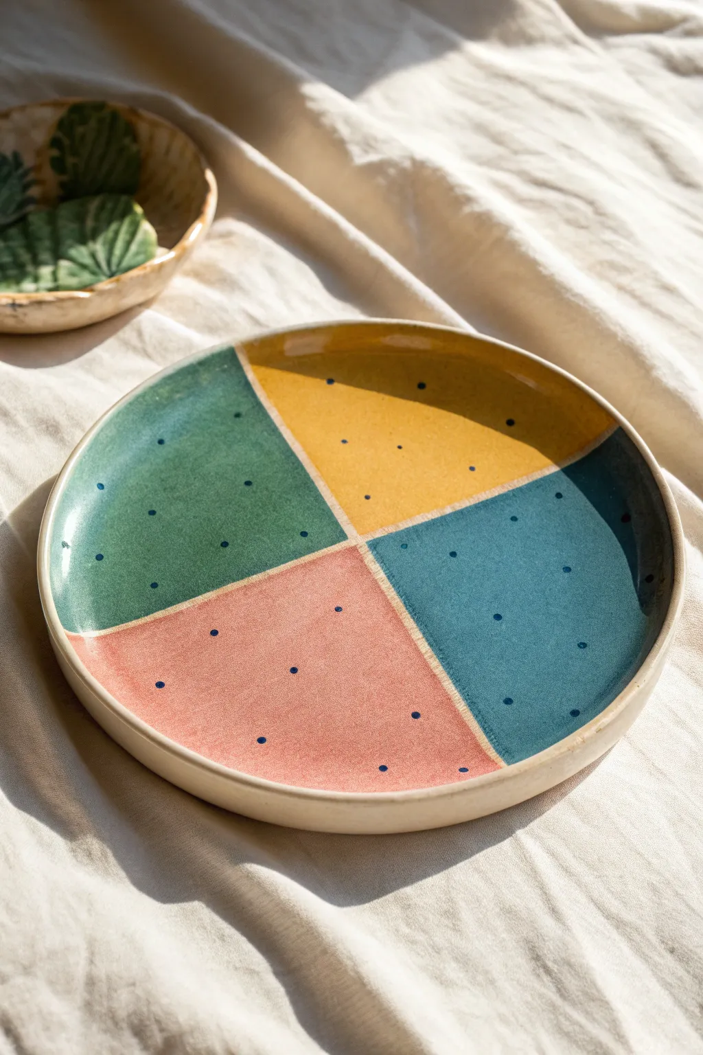 Bold quartered color-block plate with tiny contrast marks for an easy modern clay painting idea.
