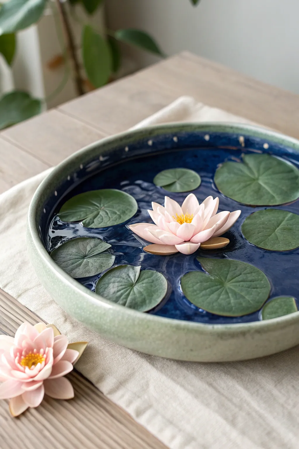 Bright clay lily pad pond with a single lotus bloom, minimalist Scandinavian boho charm.