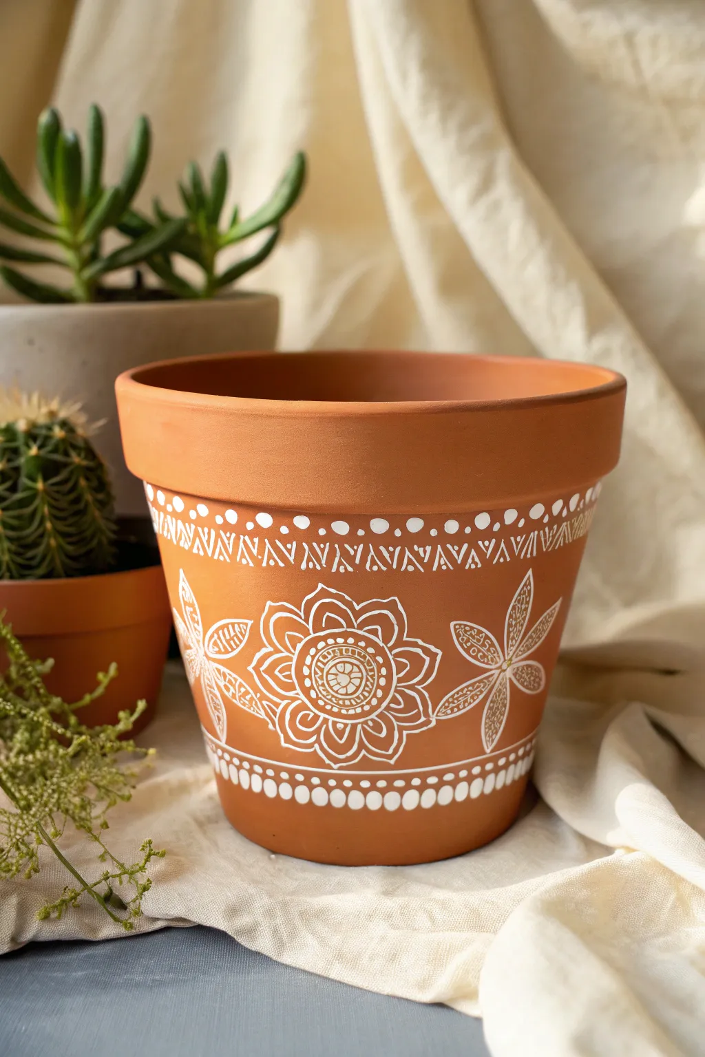 Warm terracotta pot with an easy white marker mandala band—minimal, boho, and beautifully handmade.