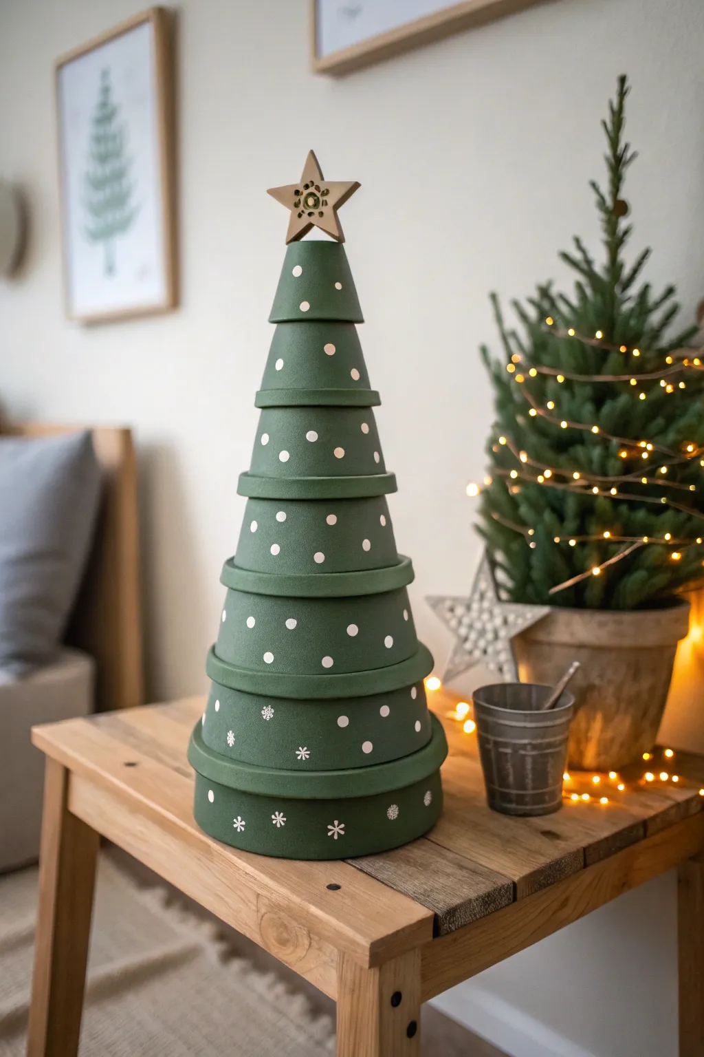 Stacked mini clay pots become a festive tree with simple dots and a star, glowing beside lights.