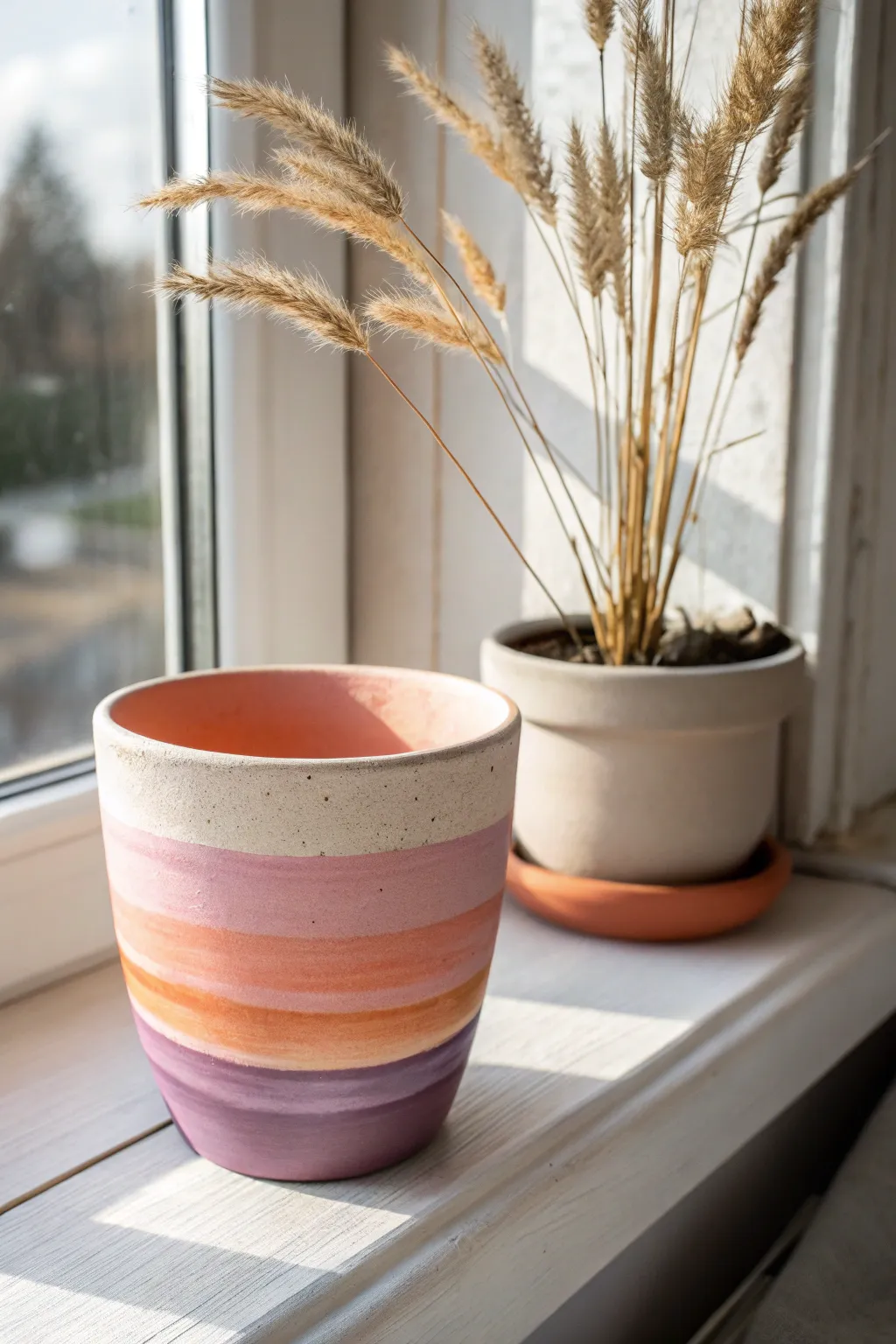 Warm sunset gradient clay pot in peach coral and lavender for minimalist Scandinavian boho decor