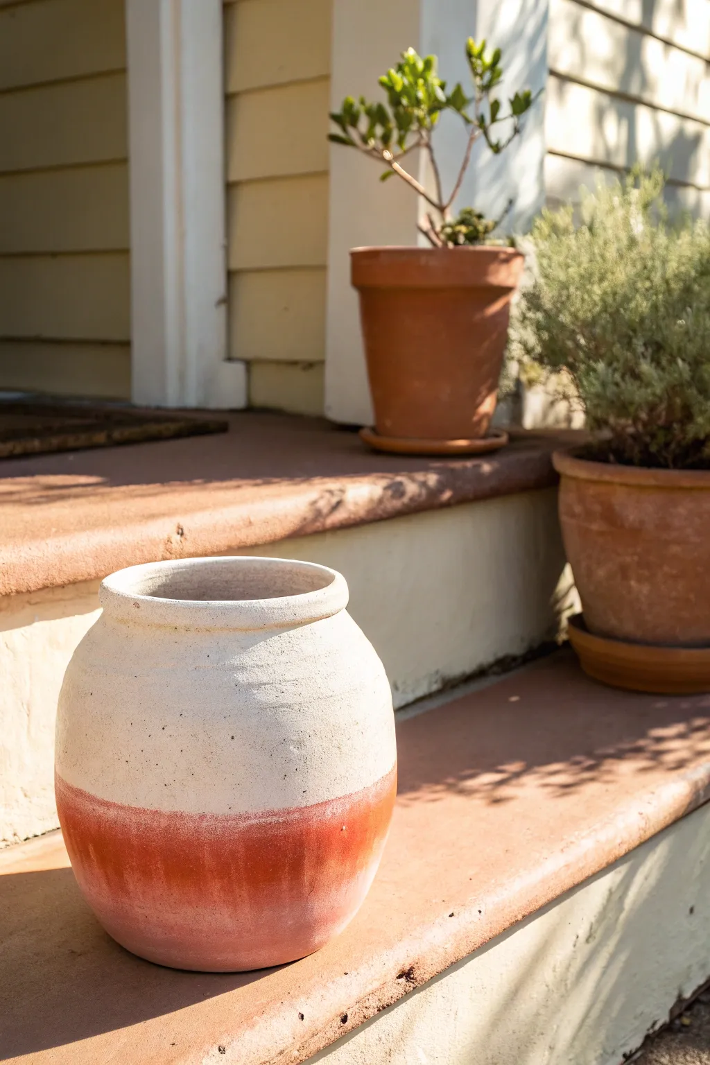 Ombre wash clay pot with a dreamy white to coral fade, styled simply for sunny porch vibes.