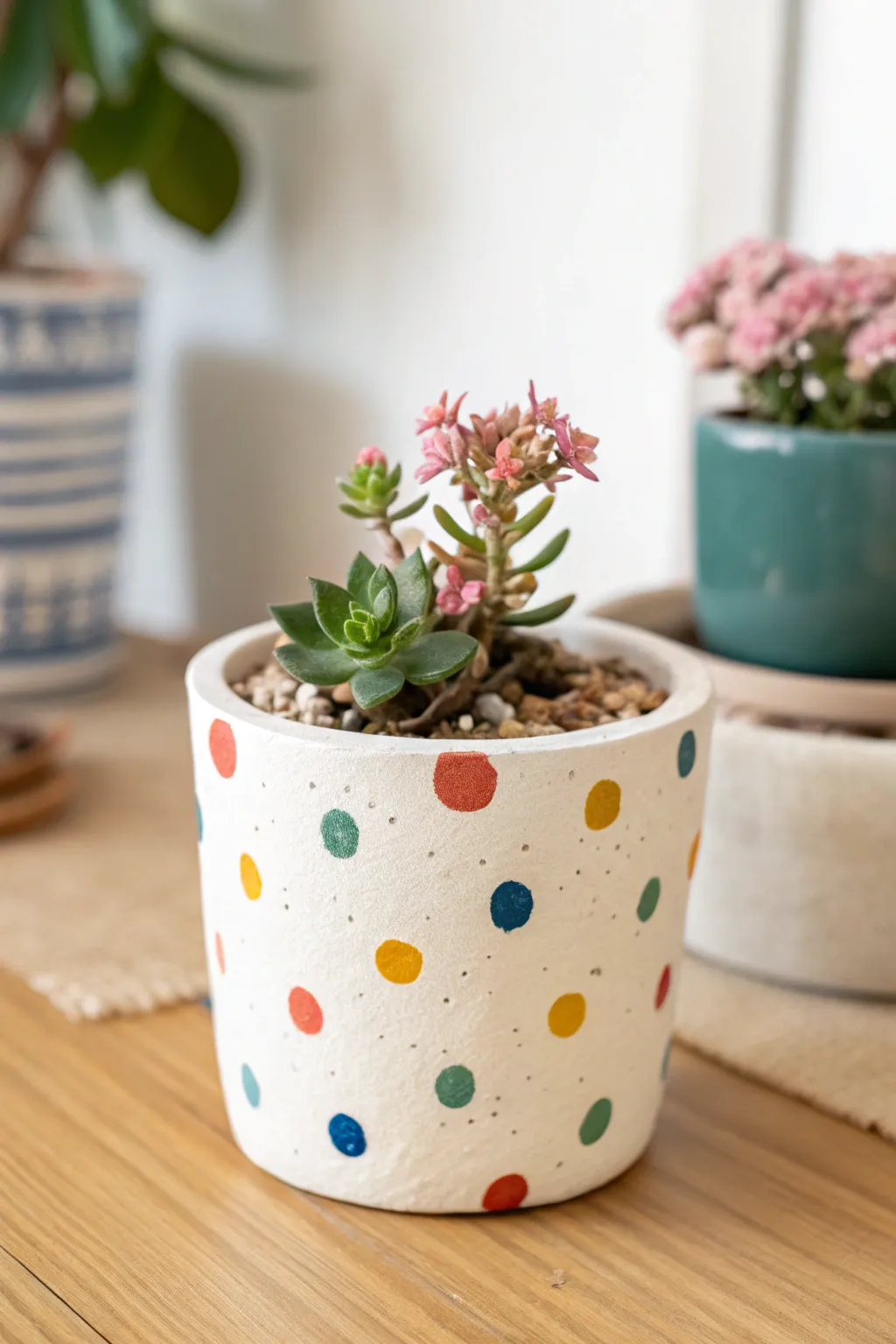 Playful polka-dot clay pot with confetti speckles—simple, bright, and joyfully handmade.