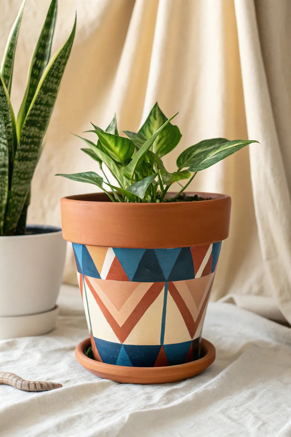 Modern terracotta pot with bold hard-edge color blocking and a simple snake plant cutting.