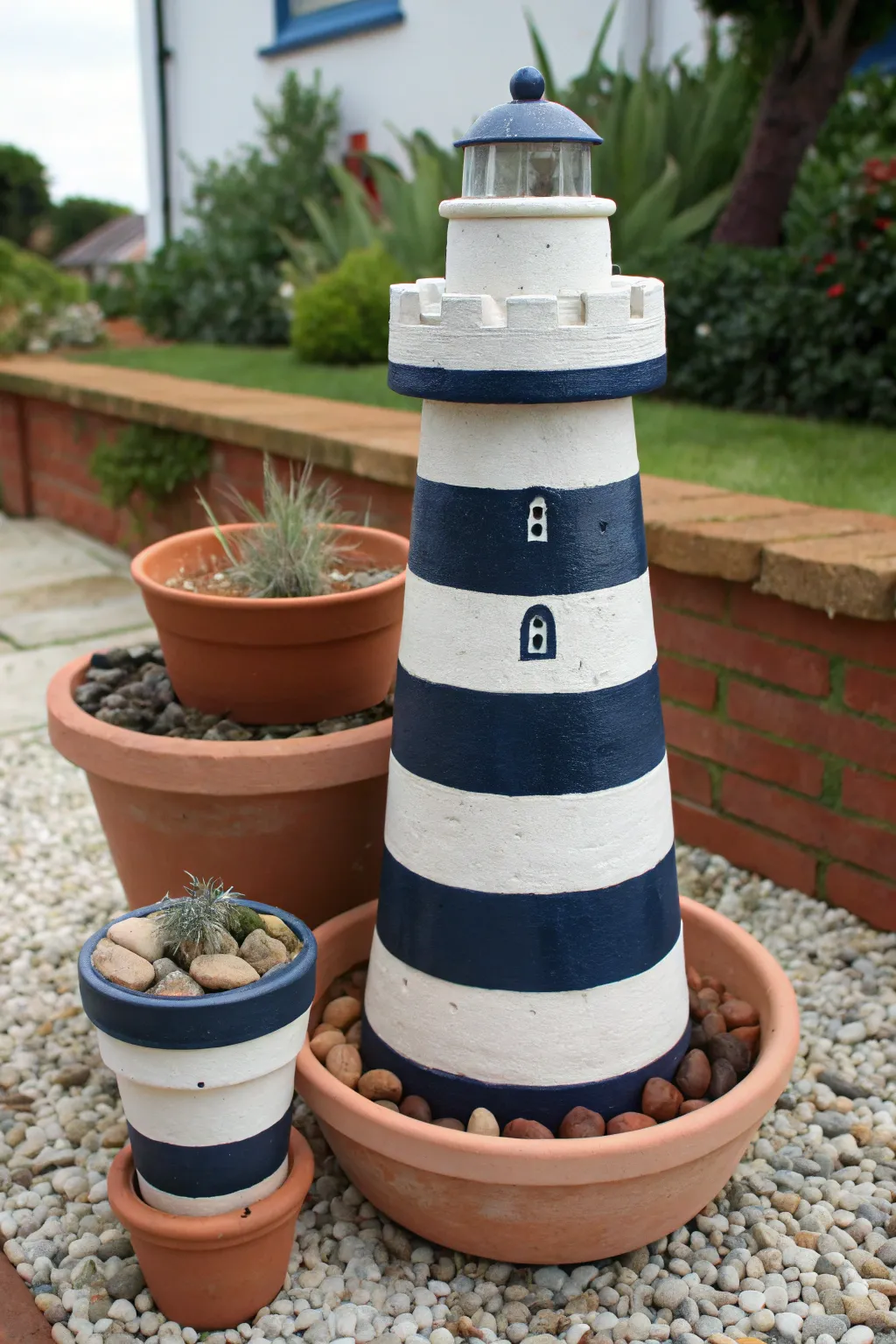 Easy clay pot lighthouse adds bold stripes and cozy charm to any small garden corner.